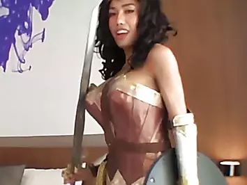 Ladyboy in a Wonder Woman costume gets barebacked hard