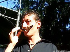 lusty shemale is outdoors giving n getting oral treatment