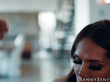 Two big dicked guys pleasure the big boobed transgender Sofia Sanders