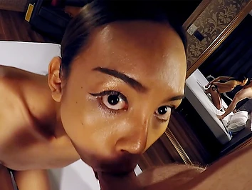 Big cock white guy enjoyed hot blowjob by naughty Asian trans slut Amy