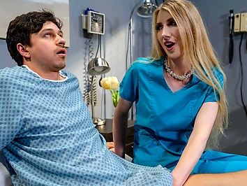 Big-tits t-girl nurse Janelle Fennec handles her patients boner